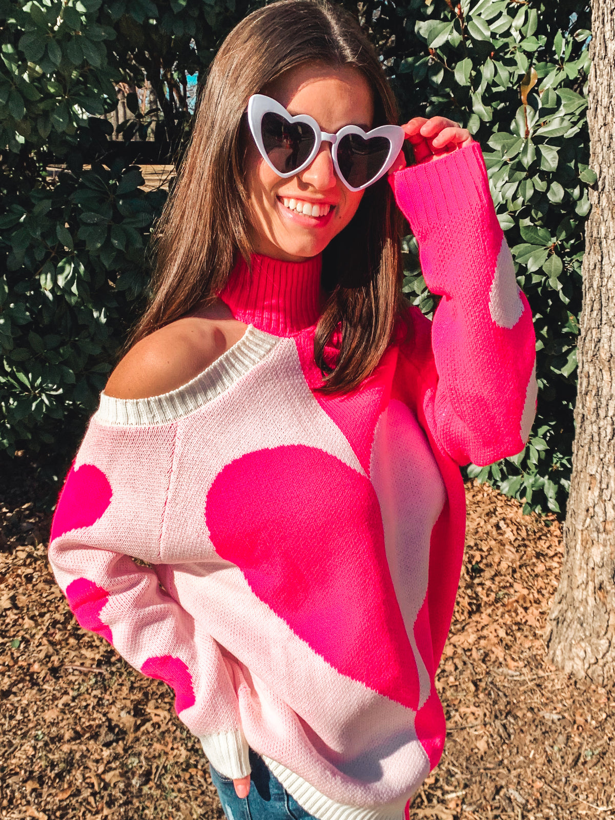 PINK MOCK NECK HEART SWEATER