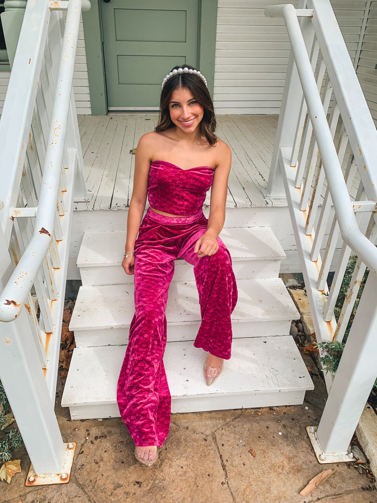 VELOUR CHECKERED TUBE TOP WITH PALAZZO PANTS SET