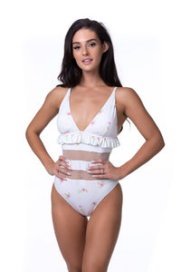 FLORAL RUFFLE TRIM MESH ONE PIECE SWIM
