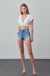 HIGH RISE DESTROYED DENIM SHORTS