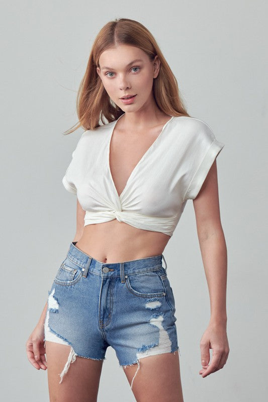 HIGH RISE DESTROYED DENIM SHORTS