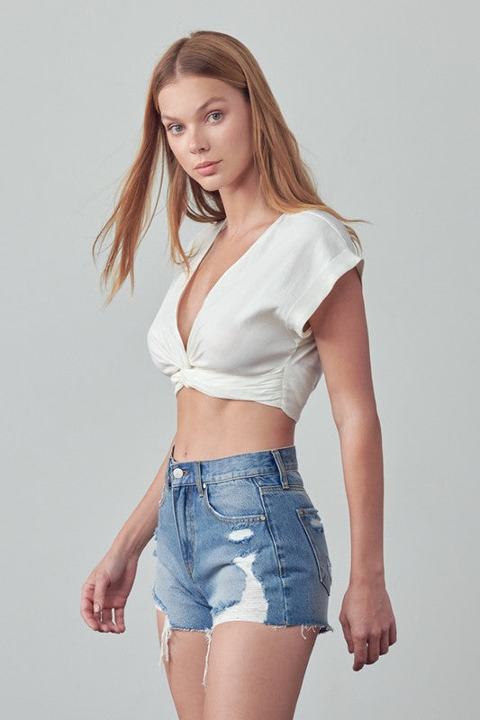 HIGH RISE DESTROYED DENIM SHORTS