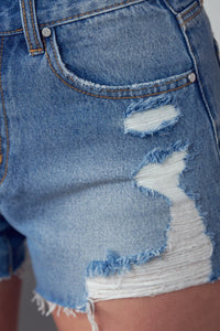 HIGH RISE DESTROYED DENIM SHORTS