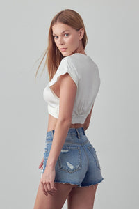 HIGH RISE DESTROYED DENIM SHORTS
