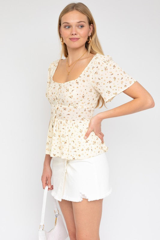 Button Down Back Smocking Ditsy Print Top