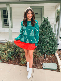 Green Holiday Tree Print Pompom Pullover Sweater