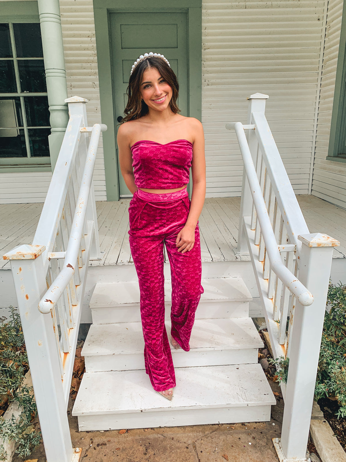 VELOUR CHECKERED TUBE TOP WITH PALAZZO PANTS SET