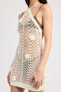 HALTER NECK CROCHET COVERUP DRESS WITH FLOWER DETAIL