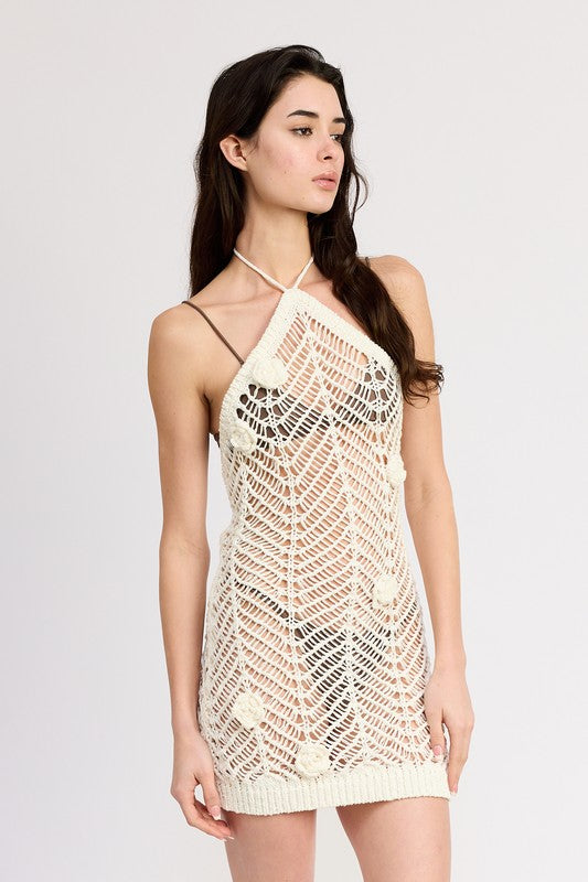 HALTER NECK CROCHET COVERUP DRESS WITH FLOWER DETAIL