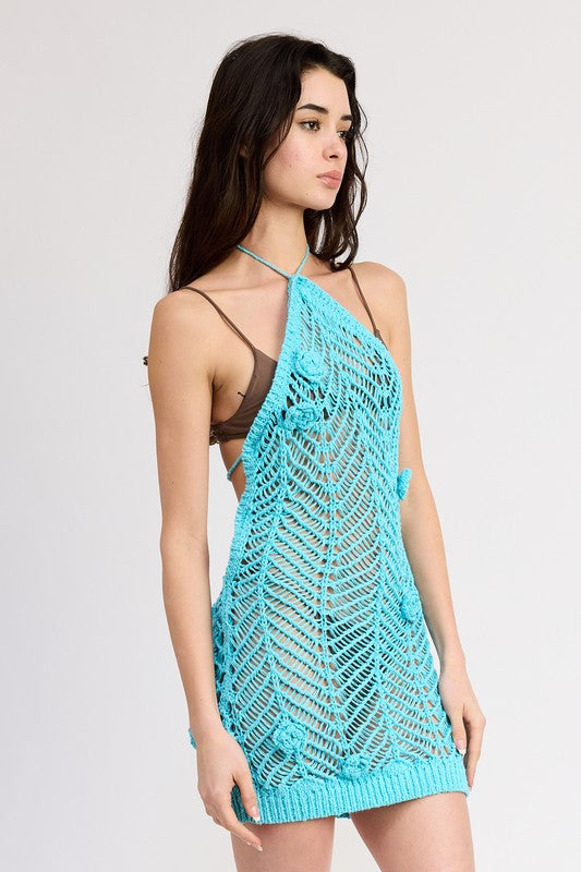 HALTER NECK CROCHET COVERUP DRESS WITH FLOWER DETAIL