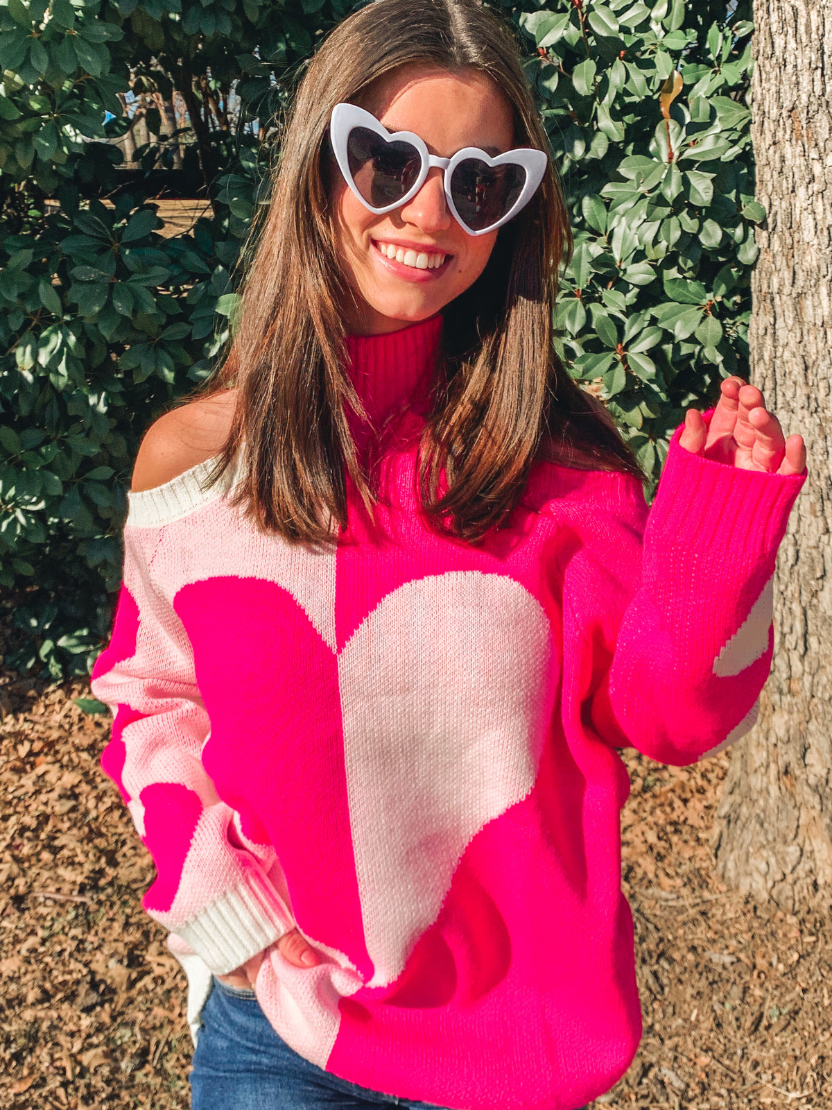 PINK MOCK NECK HEART SWEATER