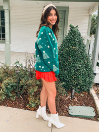 Green Holiday Tree Print Pompom Pullover Sweater