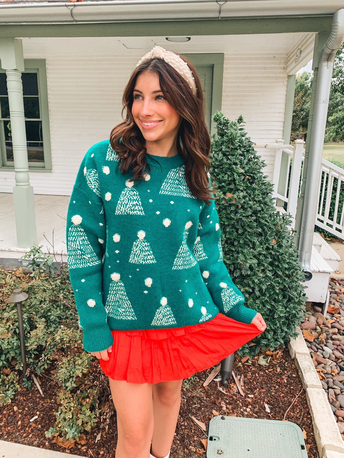 Green Holiday Tree Print Pompom Pullover Sweater