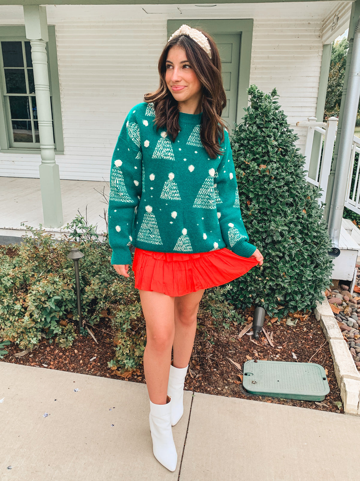 Green Holiday Tree Print Pompom Pullover Sweater