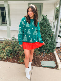 Green Holiday Tree Print Pompom Pullover Sweater