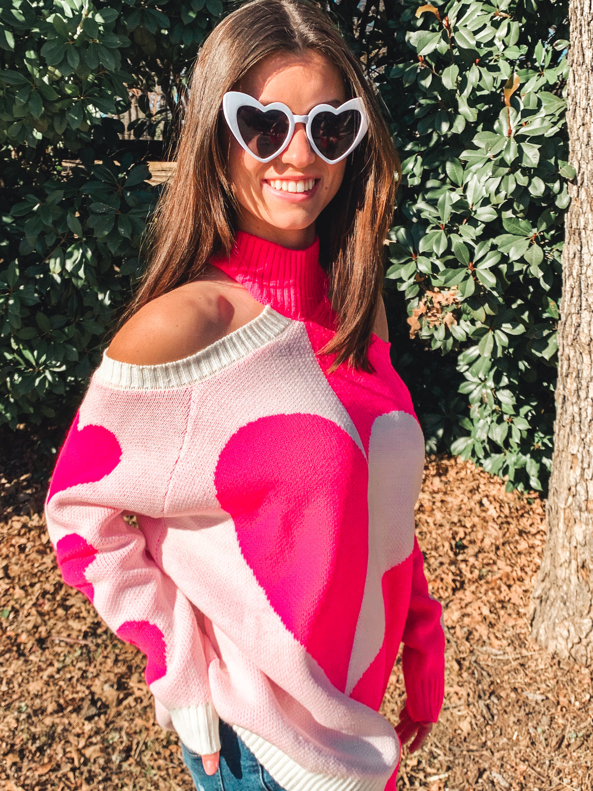 PINK MOCK NECK HEART SWEATER