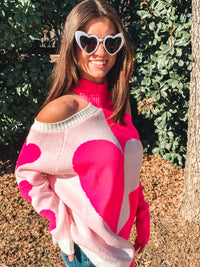 PINK MOCK NECK HEART SWEATER