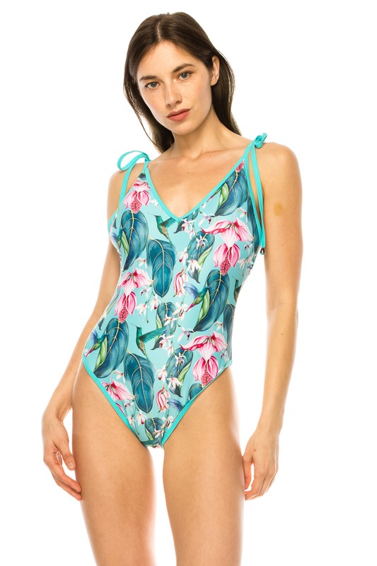 ONE PIECE BATHING SUIT FLORAL PRINT SHOULER TOP TIE
