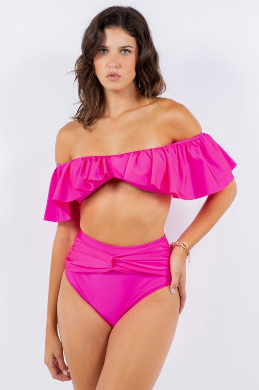 TWO PIECE TOP RUFFLE SHOULDER WITH TWISTED DESIGN