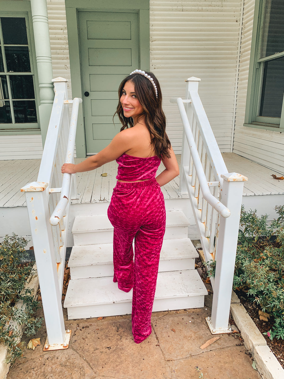 VELOUR CHECKERED TUBE TOP WITH PALAZZO PANTS SET