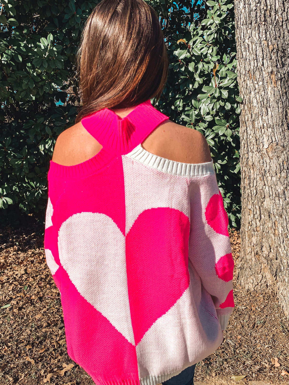 PINK MOCK NECK HEART SWEATER