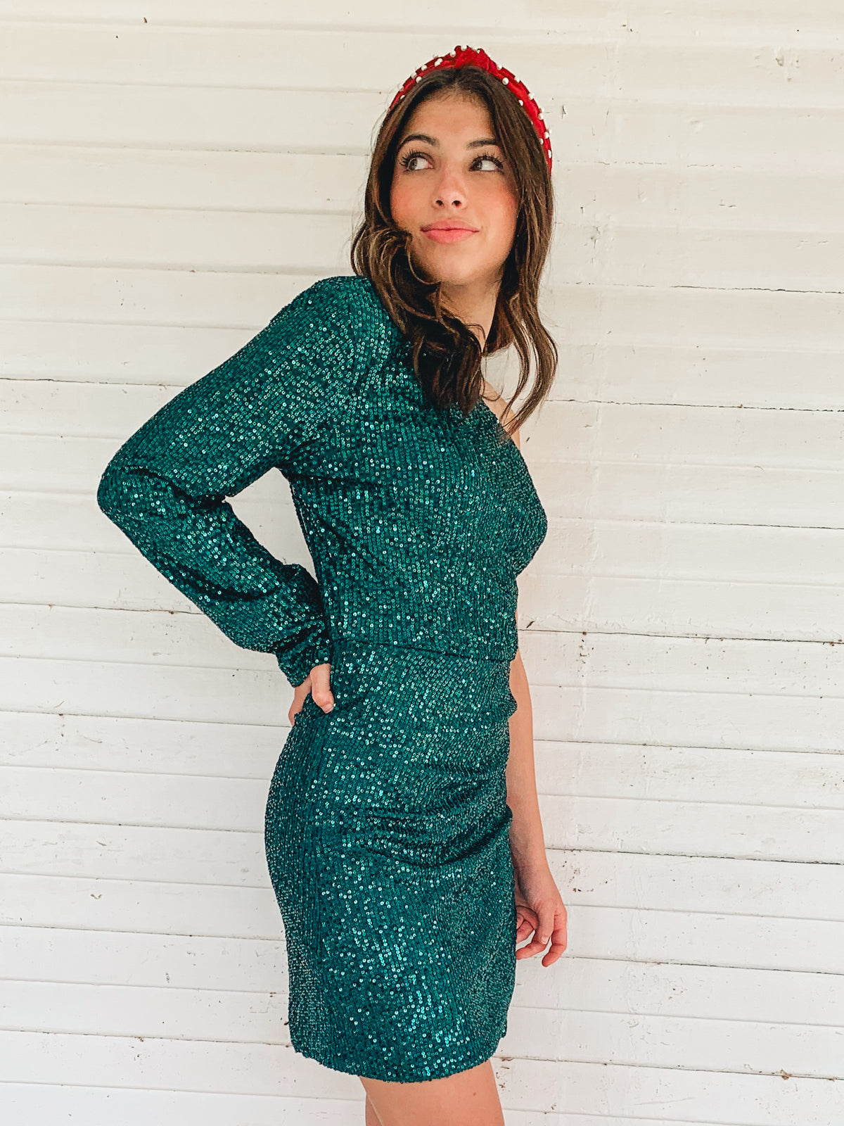 GREEN ONE SHOULDER SEQUIN MINI DRESS