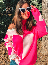 PINK MOCK NECK HEART SWEATER