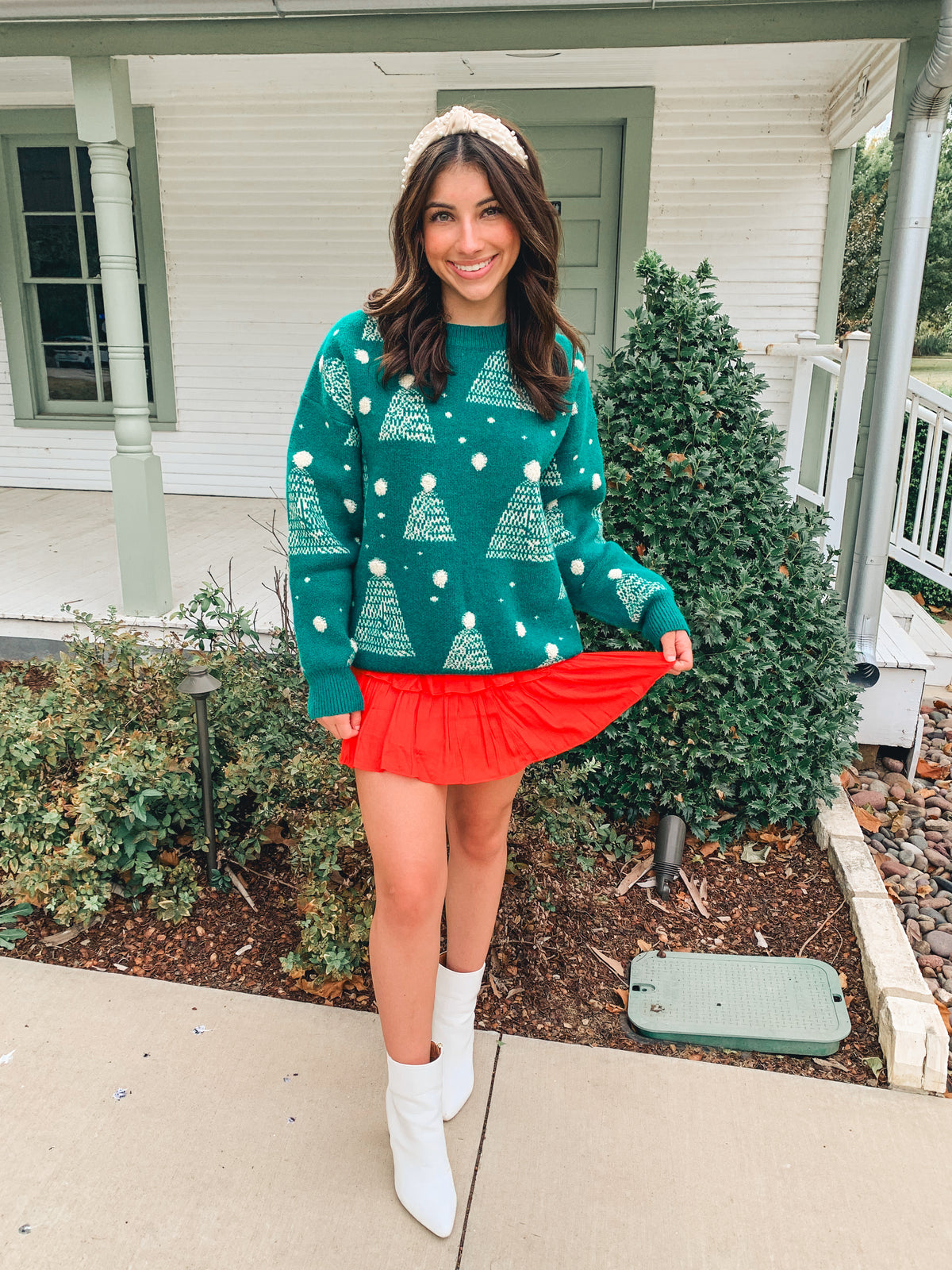 Green Holiday Tree Print Pompom Pullover Sweater