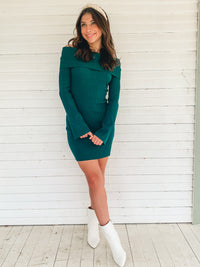 Green Off Shoulder Sweater Mini Dress