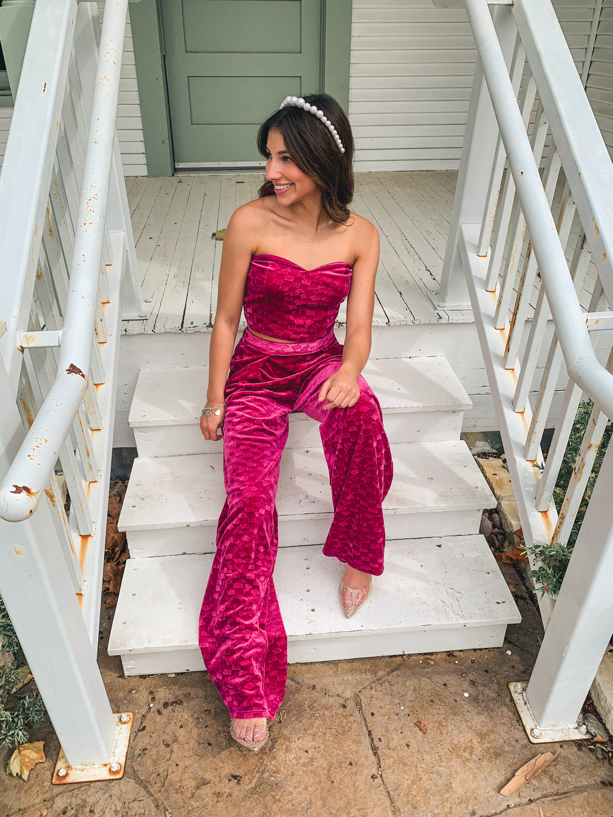 VELOUR CHECKERED TUBE TOP WITH PALAZZO PANTS SET