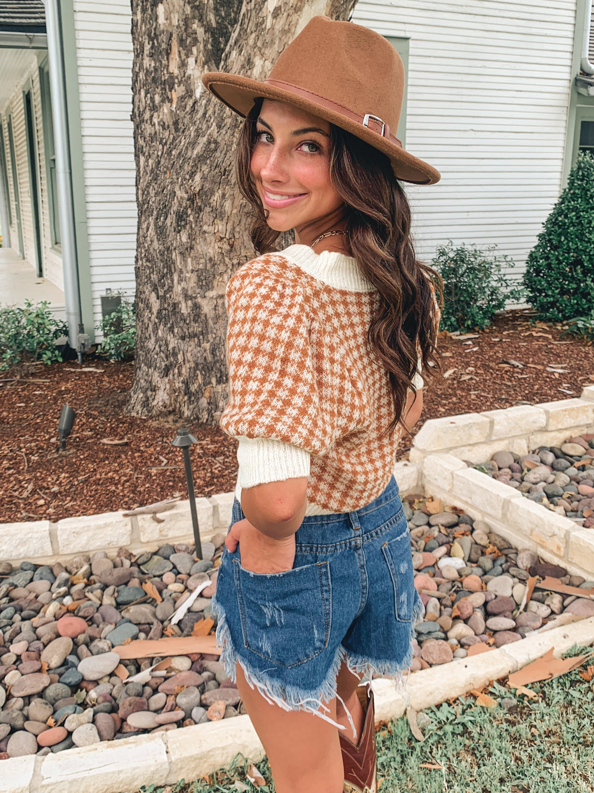 Camel Gingham Sweater Short Sleeve Top