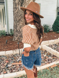 Camel Gingham Sweater Short Sleeve Top