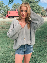 GREY V NECK BUTTONED LANTERN SLEEVE SWEATER