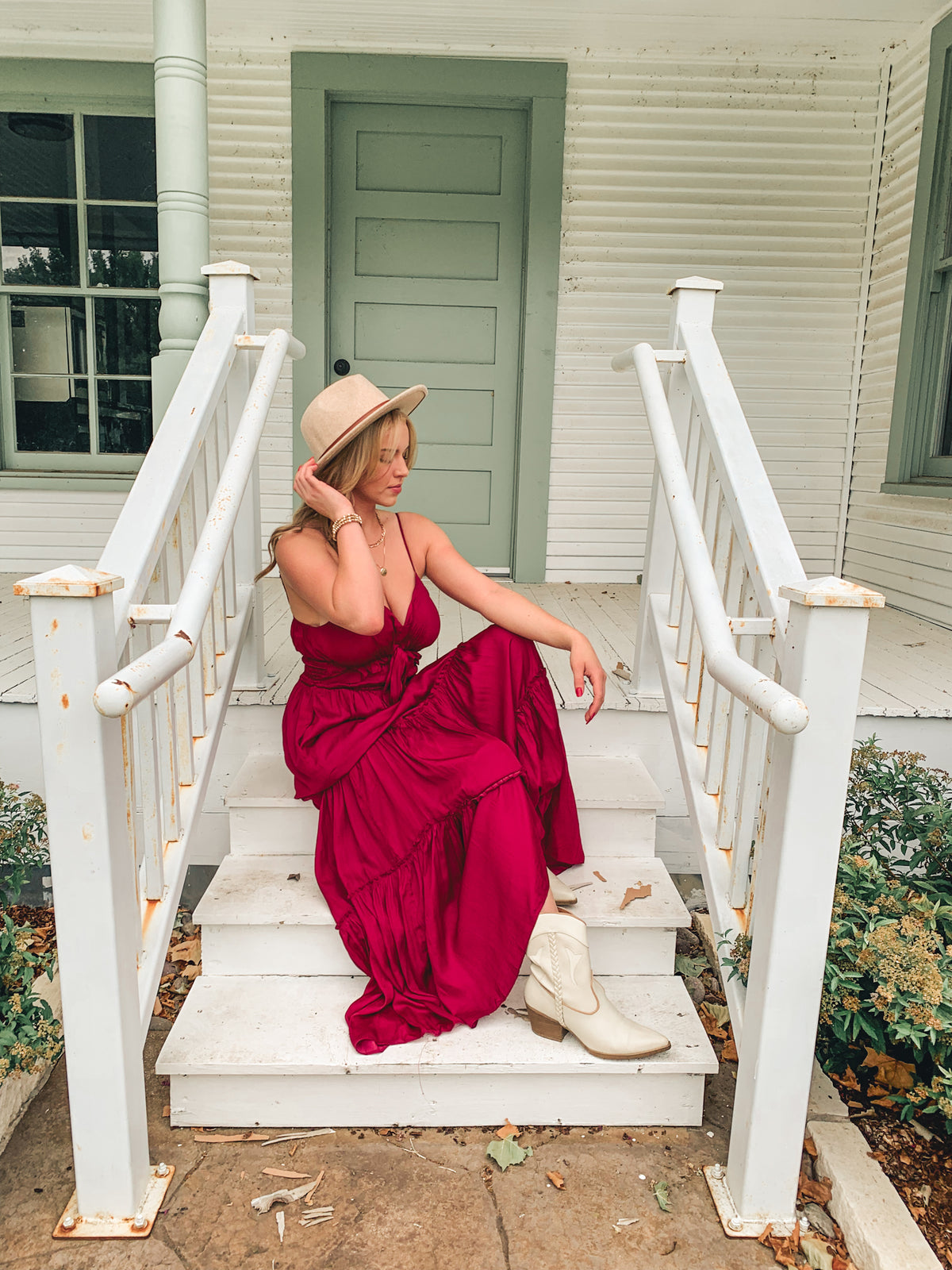 WINE SMOCKED TIERED MAXI DRESS