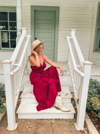 WINE SMOCKED TIERED MAXI DRESS
