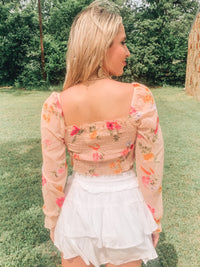 BLUSH SMOCKED FLORAL PRINT CROP TOP