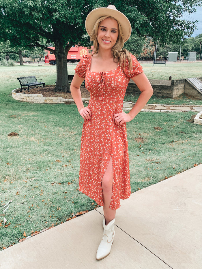 PUFF SLEEVE FLORAL PRINT MIDI DRESS