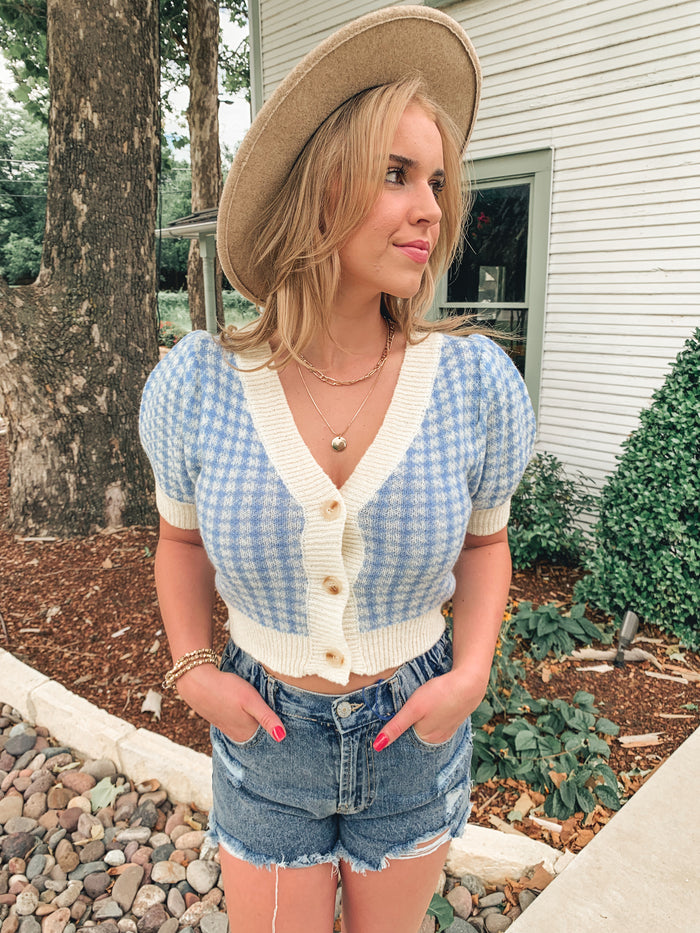 Periwinkle Gingham Sweater Short Sleeve Top