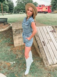 DENIM COLLARED BUTTON DOWN ROMPER