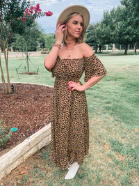 OFF THE SHOULDER ANIMAL PRINT WOVEN DRESS