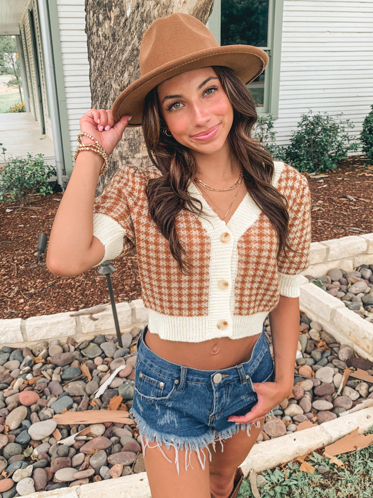 Camel Gingham Sweater Short Sleeve Top
