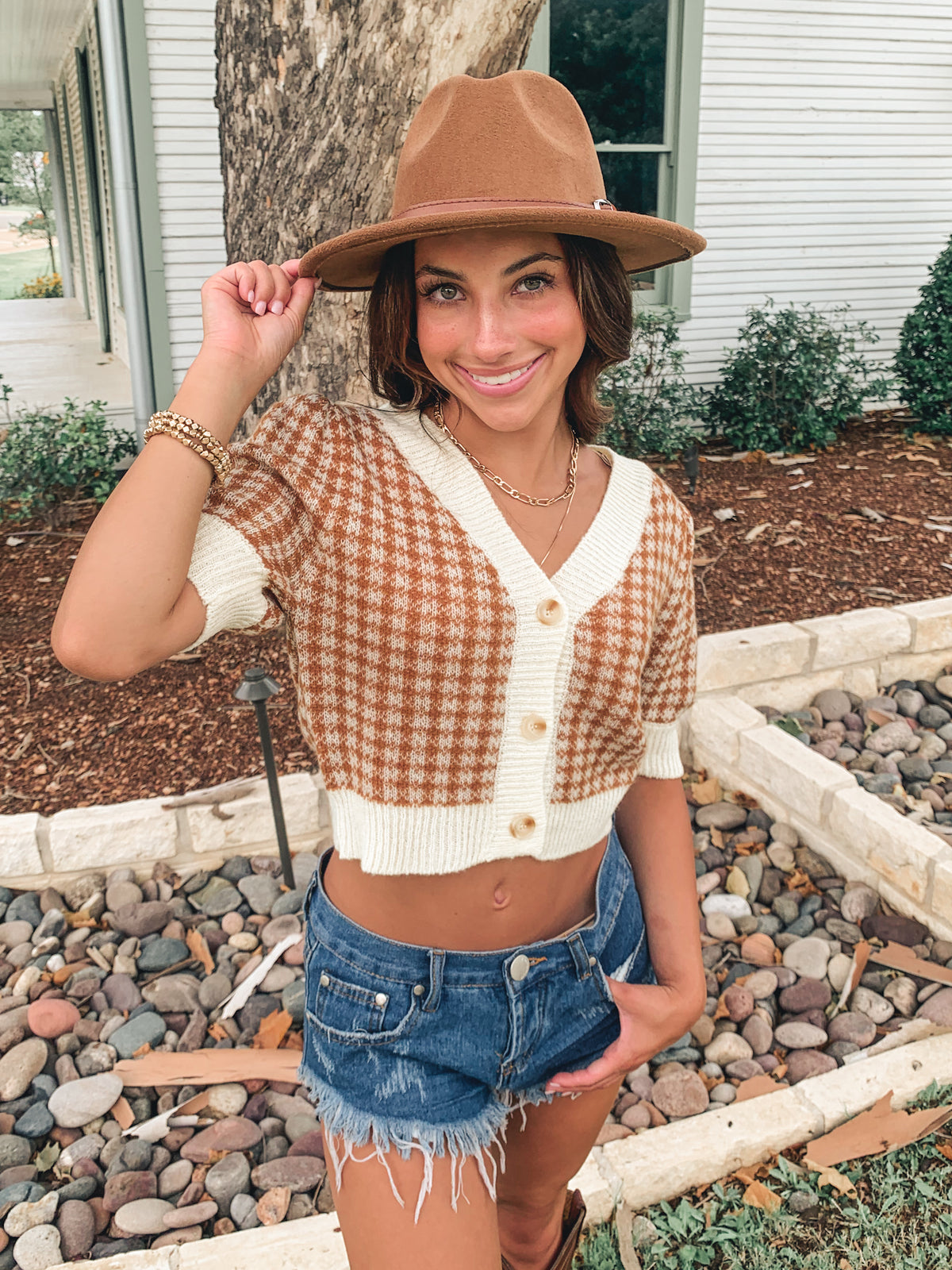 Camel Gingham Sweater Short Sleeve Top