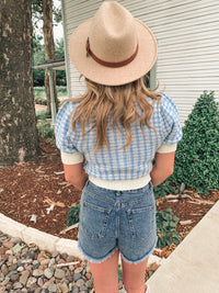 Periwinkle Gingham Sweater Short Sleeve Top