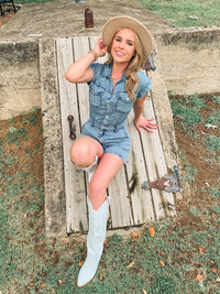 DENIM COLLARED BUTTON DOWN ROMPER