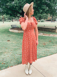 PUFF SLEEVE FLORAL PRINT MIDI DRESS