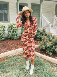 ABSTRACT PRINT FRONT TWIST CUT OUT MIDI DRESS