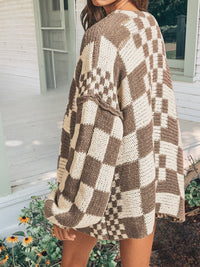 MIXED CHECK PATTERN LOOSE FIT CHUNKY CARDIGAN
