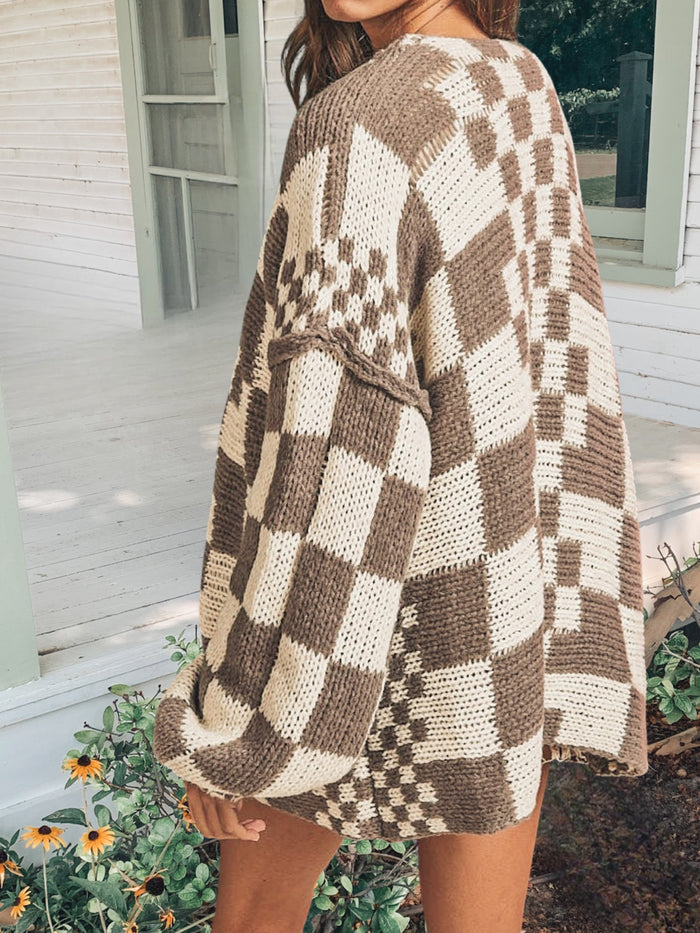 MIXED CHECK PATTERN LOOSE FIT CHUNKY CARDIGAN