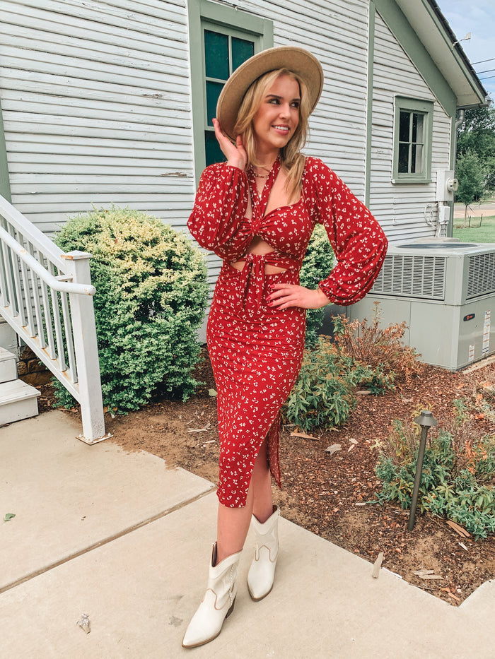 Printed stretch knit halter midi dress