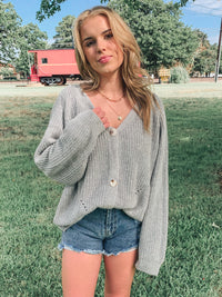 GREY V NECK BUTTONED LANTERN SLEEVE SWEATER